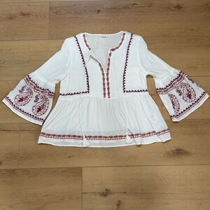 In Bloom White Boho Top with Red Embroidery